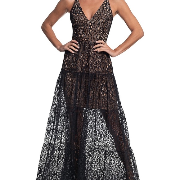 NWT XS Dress the Population long midi beige with long black lace V neck dress - Picture 8 of 8